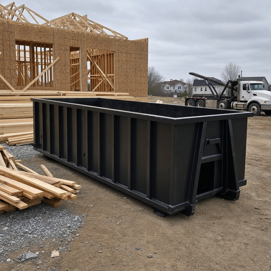 Matte-black 40-yard roll-off dumpster staged on a framed-out residential construction site in Durham, framing lumber stacked nearby, hooklift delivery truck visible in the background under bright Colorado daylight