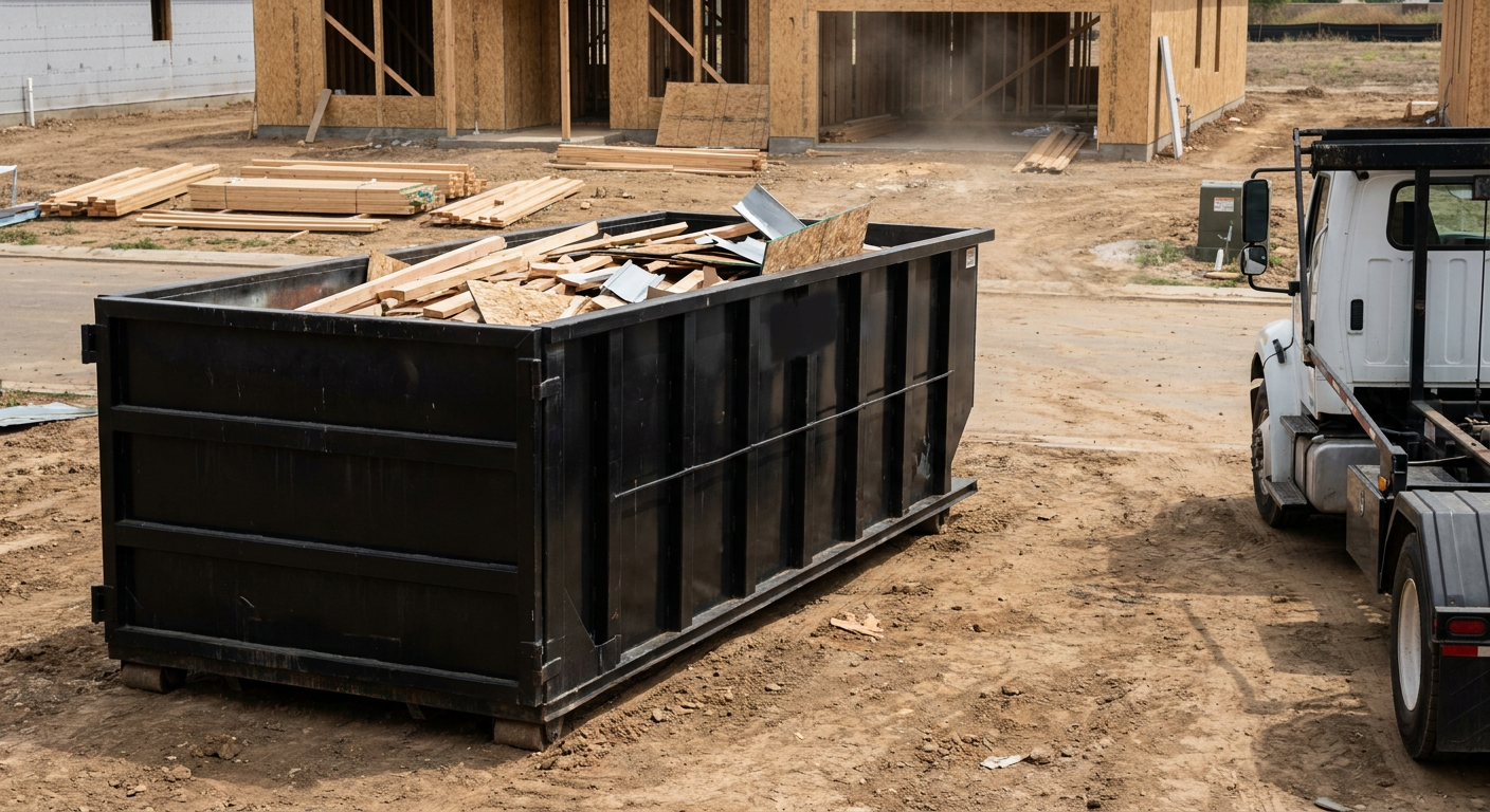 Matte-black 20-yard roll-off construction dumpster with heavy ribbed steel sidewalls and swing rear doors at a working jobsite in Durham, sitting directly on compacted dirt with an unmarked white hauler partially visible at the far edge of the frame.