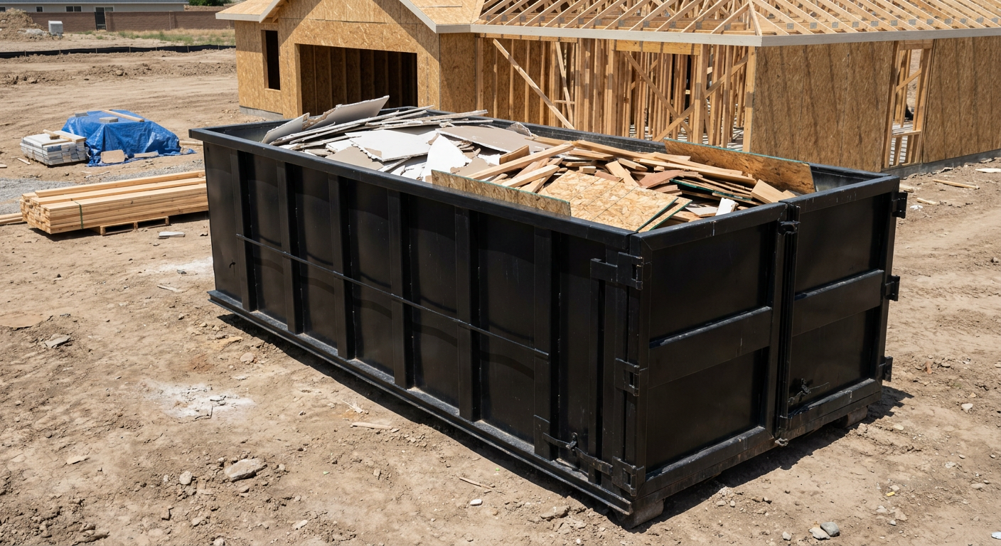 Matte-black 30-yard roll-off construction dumpster sitting directly on the compacted-dirt site of a framed single-family home build in Durham, drywall and lumber scrap loaded inside.