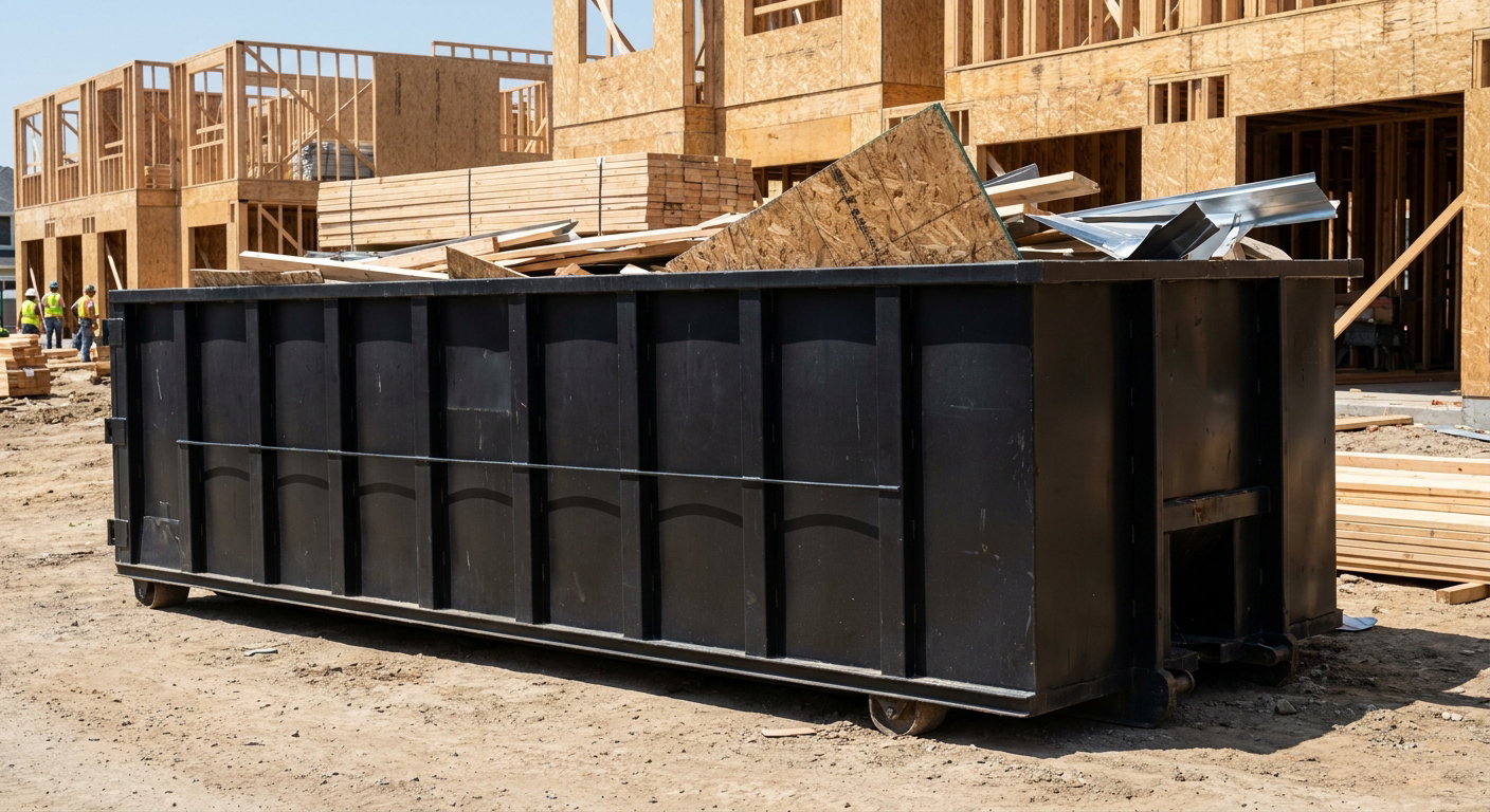 Matte-black 40-yard roll-off construction dumpster being lowered from a white-cab hooklift delivery truck onto the compacted-dirt jobsite at a commercial build site in Durham