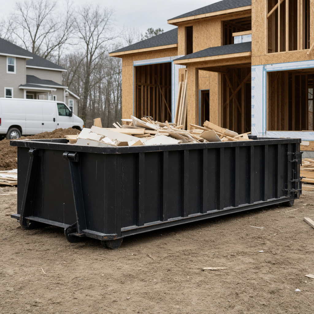 Worker in a yellow high-visibility vest tossing framing lumber and broken drywall into a matte-black 30-yard construction roll-off dumpster on an active build site in Durham, bright daylight