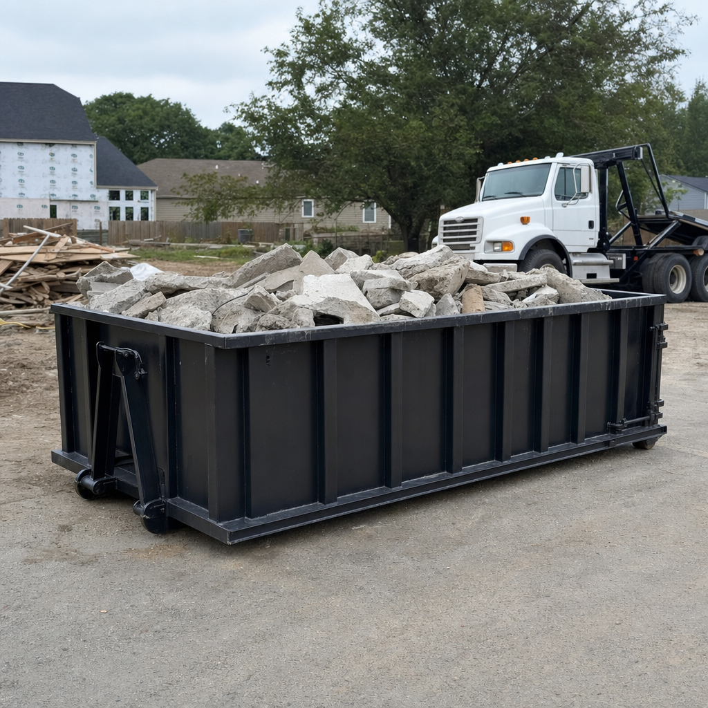 Low-profile matte-black lowboy roll-off dumpster loaded with broken concrete slab and rebar at a foundation tear-out in Durham, skid steer parked beside it, sunny Colorado morning