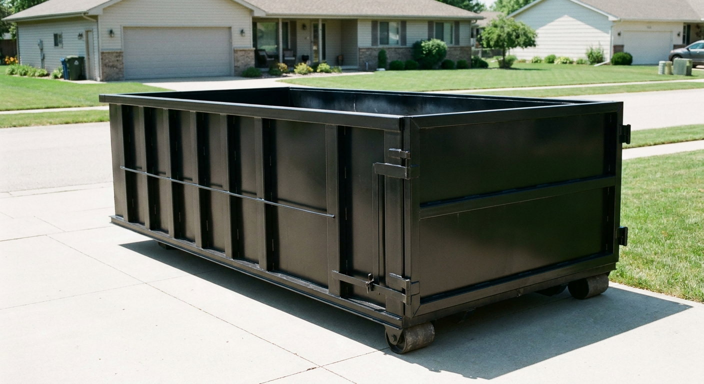 Matte-black 10-yard roll-off dumpster on a residential concrete driveway in Durham, uniformly painted matte black across every panel and rail, ribbed steel sidewalls and rear swing door visible, mid-day daylight.