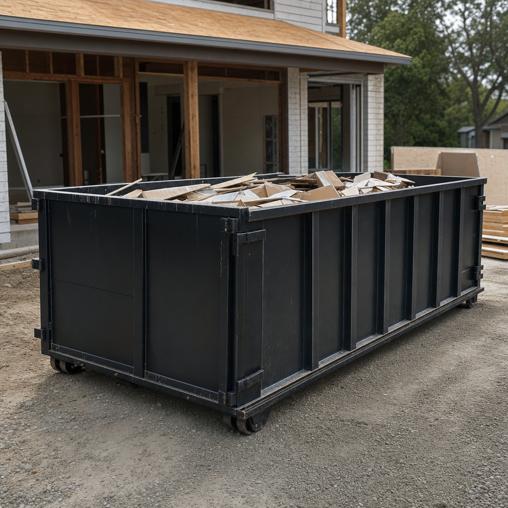 Large matte-black 30-yard construction roll-off dumpster at an active Durham jobsite, steel-gray top rails and bottom rollers visible, loaded with construction debris.