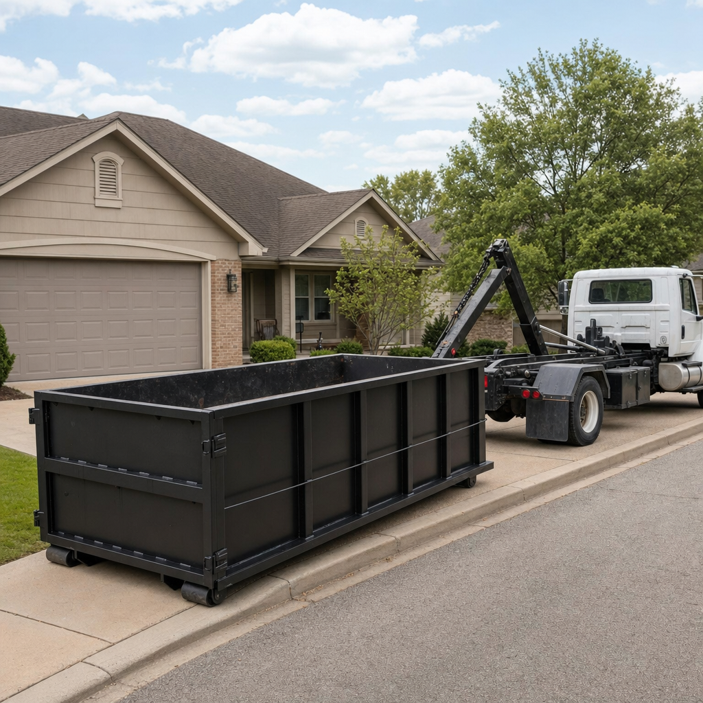 Wide documentary shot of a matte-black roll-off dumpster on a Durham residential driveway in the foreground and a contractor jobsite container in the soft-focus background, bright daylight, calm and orderly composition.