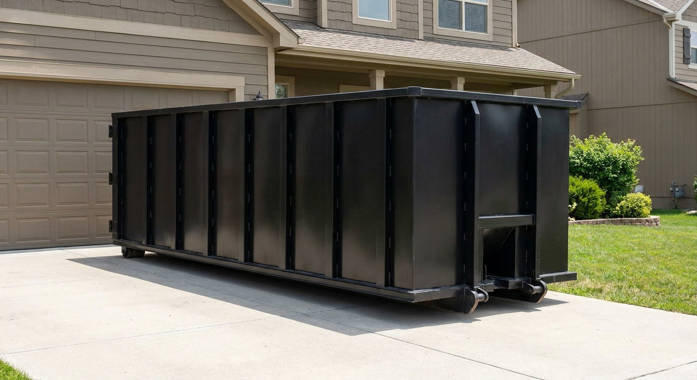 Matte-black residential roll-off dumpster sitting directly on a suburban Durham concrete driveway, garage door closed, single-family home in background, bright morning daylight.