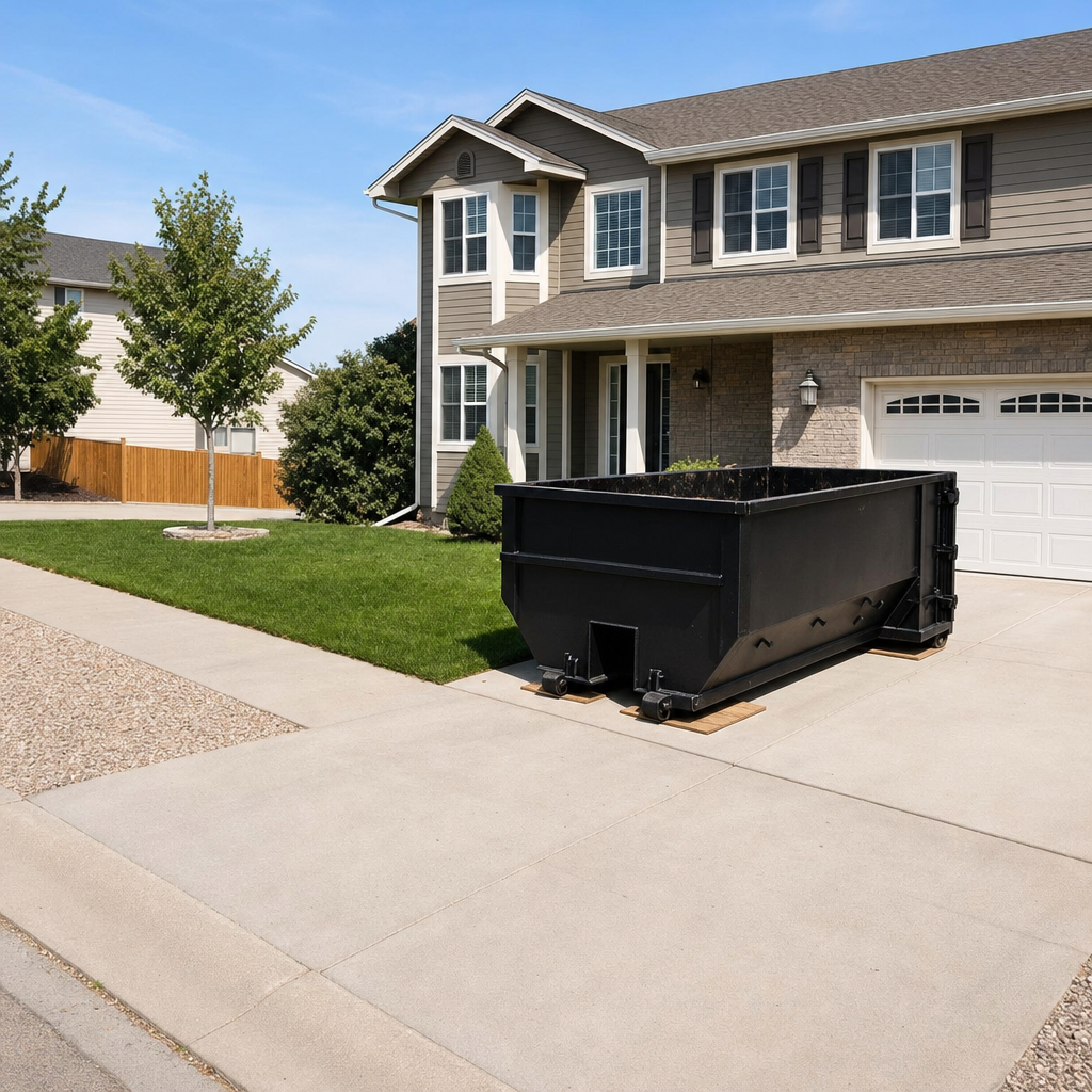 10-yard matte-black residential dumpster placed directly on a narrow Durham concrete driveway, room remains for a parked sedan beside it, mid-morning natural light