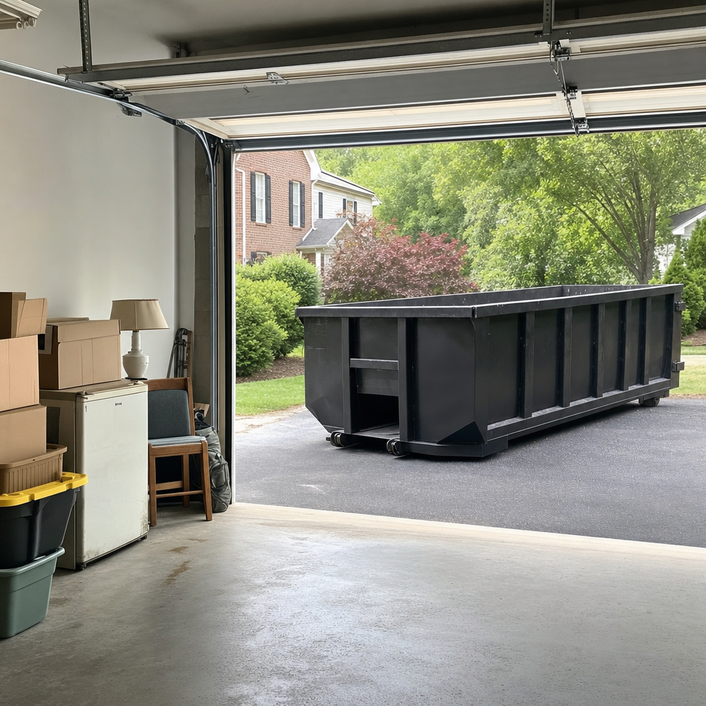 Open garage interior in a Durham home mid-cleanout — boxed items, an old appliance, and stacked yard tools queued near the driveway for a matte-black roll-off dumpster, organized and calm