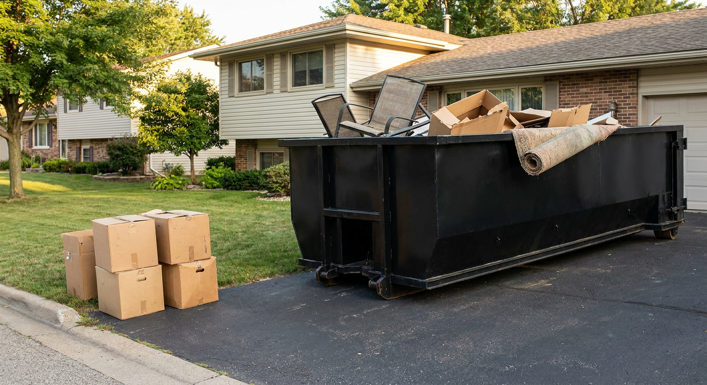 Front-yard view of a Durham split-level home with a 20-yard matte-black roll-off dumpster sitting directly on the asphalt driveway, a few clearly labeled donation boxes staged at the curb, calm sunny afternoon.