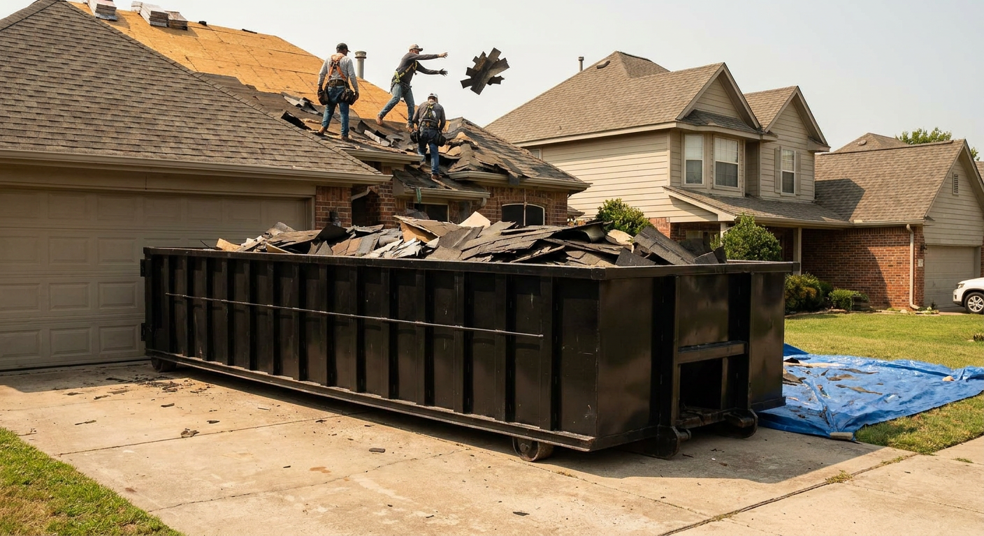 Matte-black roofing roll-off dumpster placed directly on a Durham residential concrete driveway, a tear-off crew on a two-story asphalt-shingle roof tossing shingle bundles into the low-walled container, bright daylight, documentary 35mm perspective.