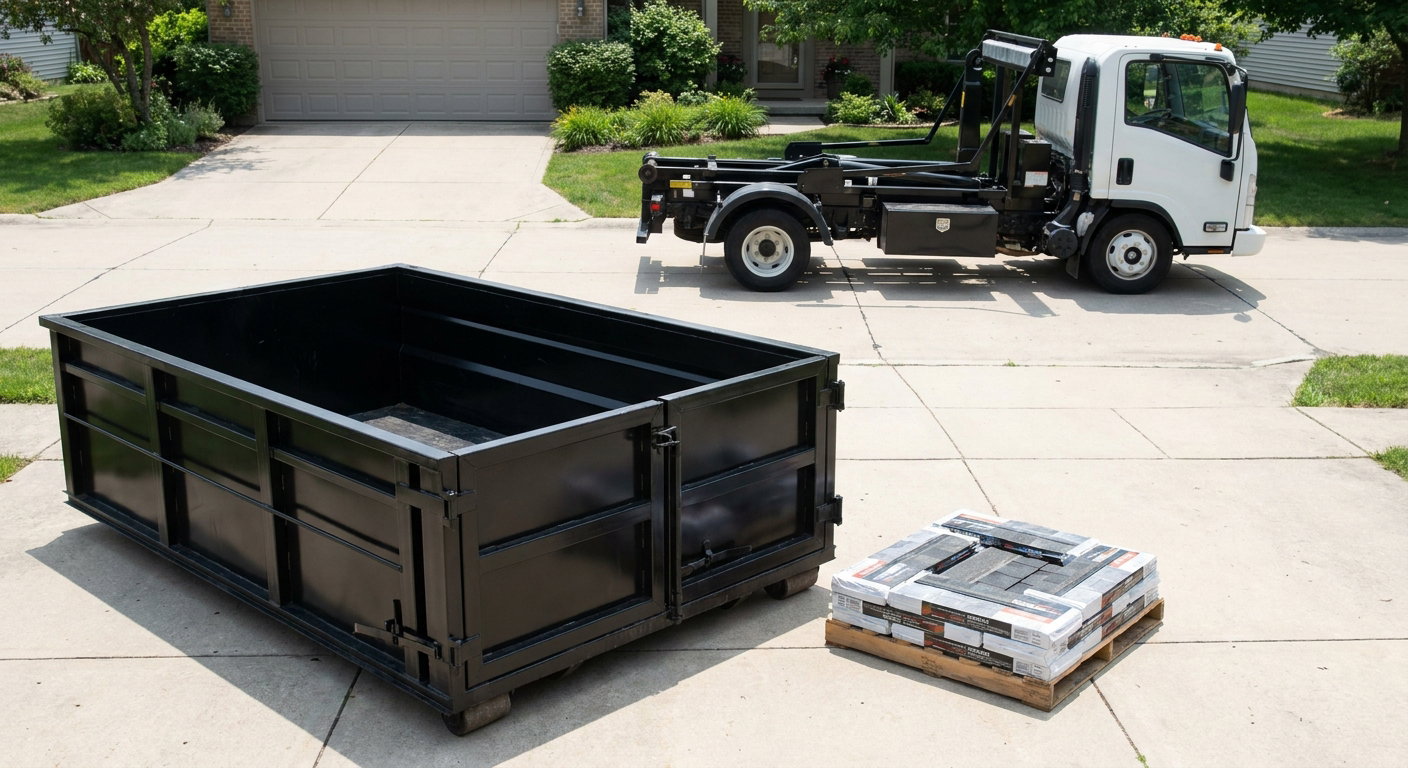 Matte-black 15-yard roofing roll-off dumpster with reinforced low side walls sitting directly on a Durham residential concrete driveway, three-tab asphalt shingle bundles stacked nearby, an unmarked white hauler truck partially visible at the edge of the frame.