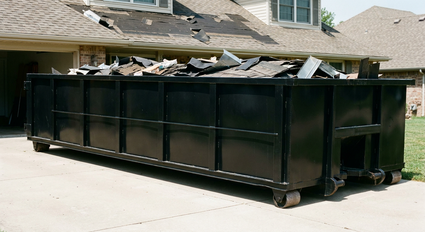 Matte-black 20-yard roofing roll-off dumpster with steel ribbed sides and swinging rear door, sitting directly on the concrete driveway of a two-story Durham home, asphalt shingle debris being loaded over the low wall, clean documentary lighting.