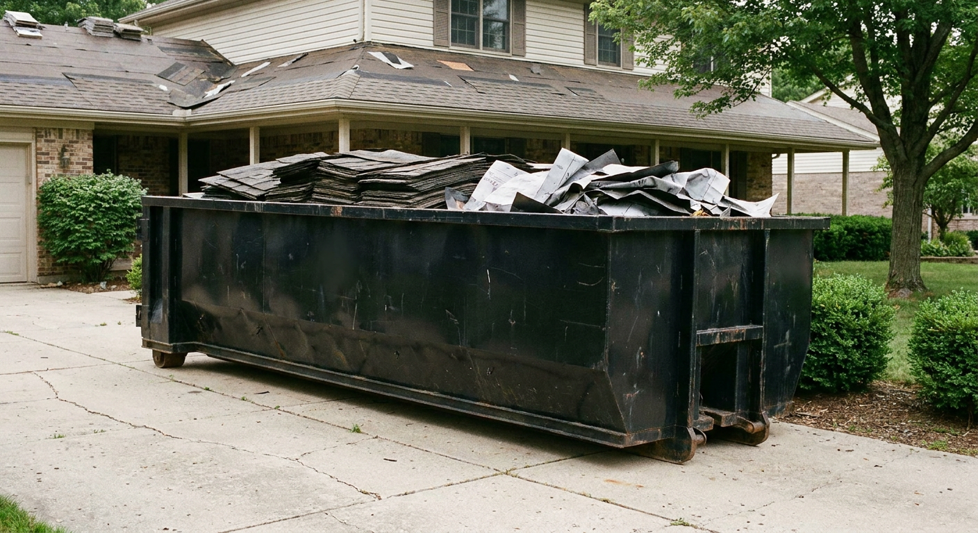 Matte-black 30-yard roofing roll-off dumpster sitting directly on a Durham concrete driveway, taller ribbed steel side panels, mixed tear-off debris of asphalt shingles and underlayment inside, professional documentary daylight.