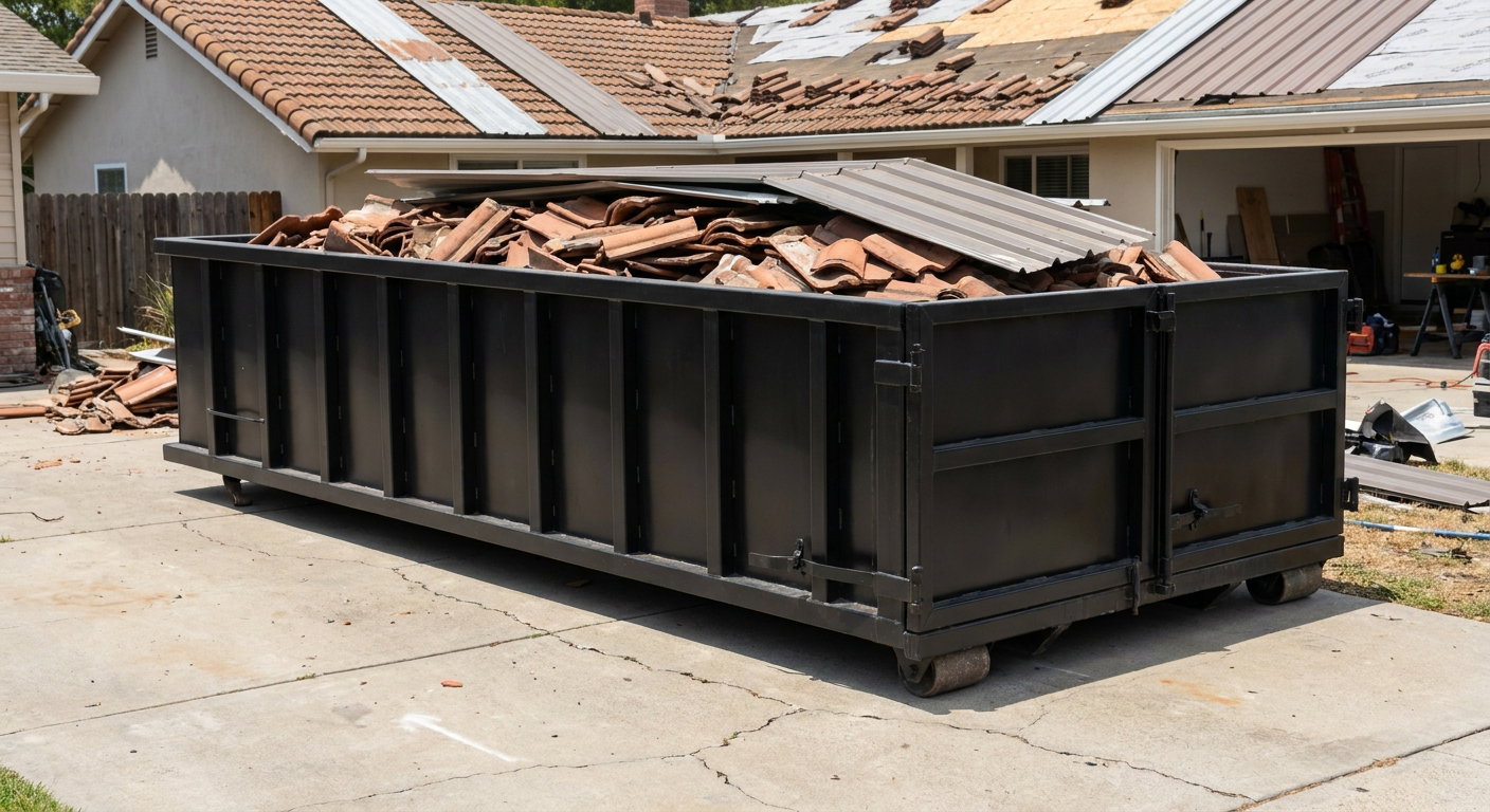 Matte-black low-wall heavy-debris roofing roll-off dumpster sitting directly on a Durham concrete driveway, broken concrete clay roof tiles and metal panel sections loaded inside, reinforced ribbed steel side walls visible, bright outdoor daylight.