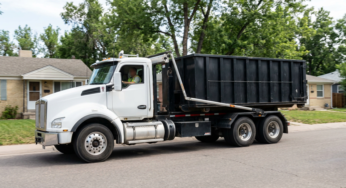 A wide documentary shot of a matte-black roll-off delivery truck pulling onto a quiet Durham residential street at mid-morning, with neighborhood rooftops and tree-lined blocks visible behind, showing the metro coverage footprint.