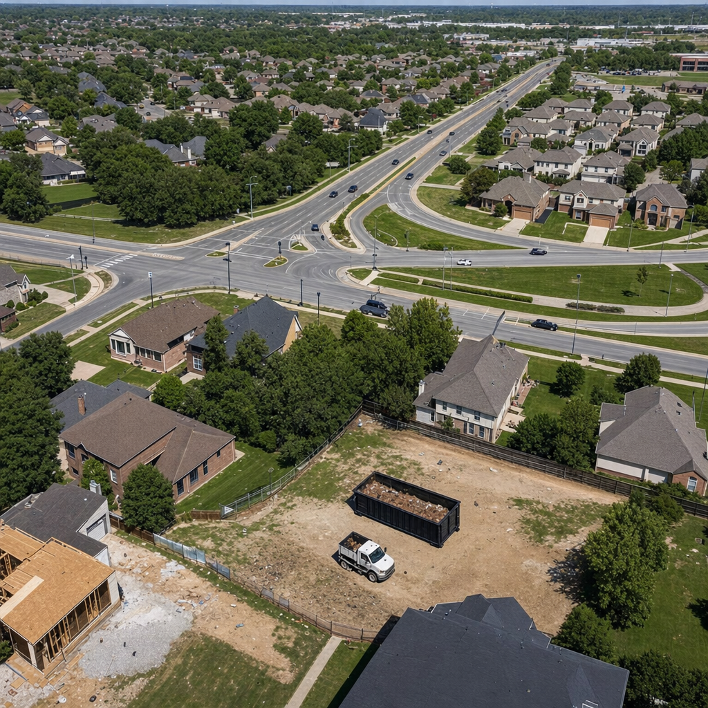 An overhead documentary view of the Durham metro area at midday, showing the spread of neighborhoods, arterial roads, and the dispatch radius from a central yard — clean daylight, organized geographic layout.