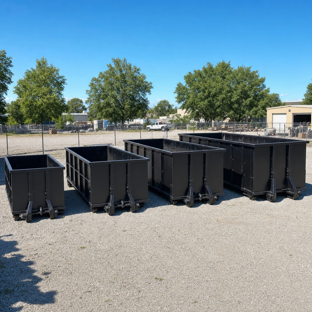 A clean lineup of matte-black roll-off dumpsters in 10, 20, 30, and 40-yard sizes staged on a sunlit gravel yard in Durham, showing the size progression from compact to commercial-scale containers.
