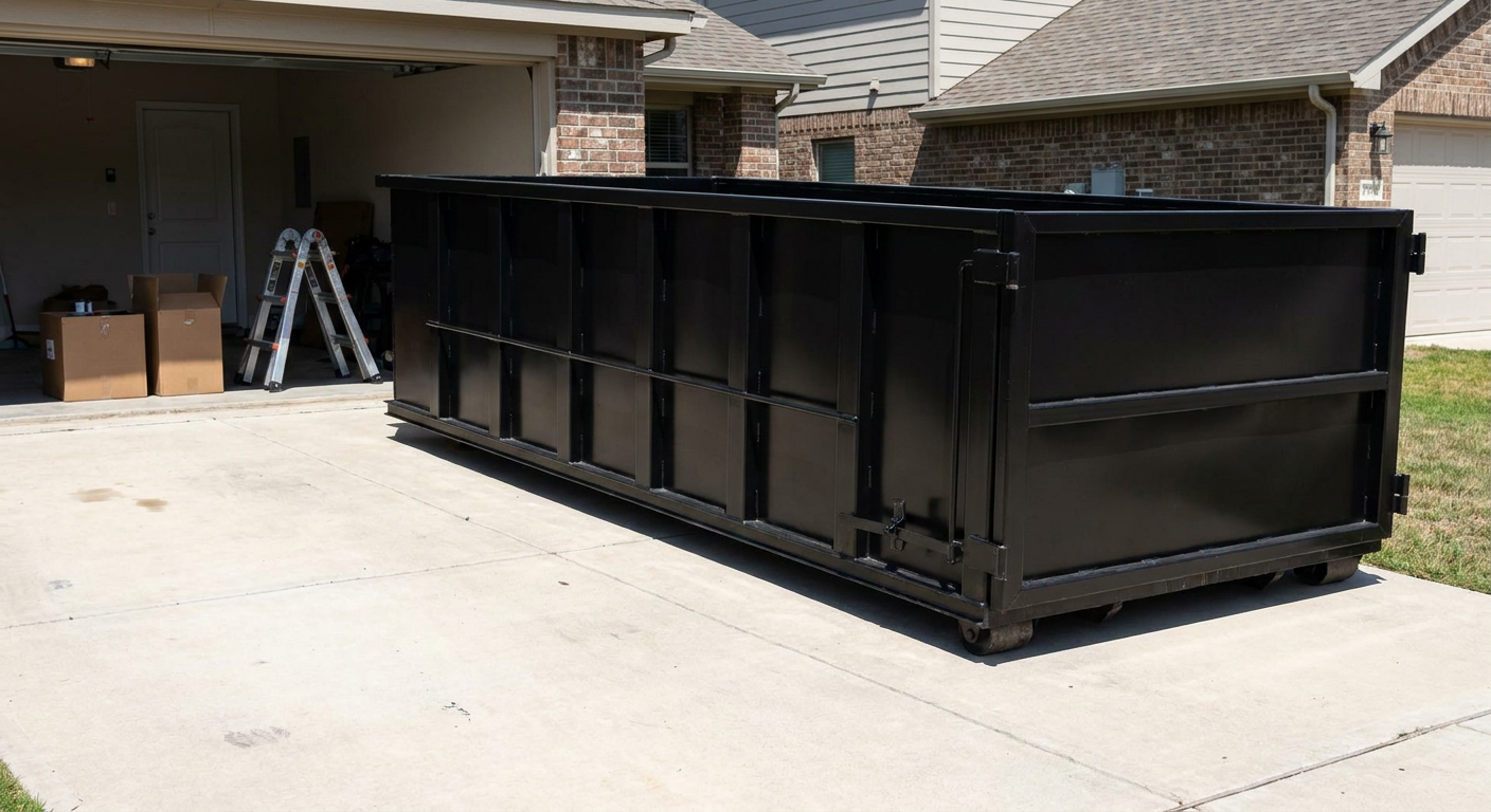A matte-black 10-yard roll-off dumpster sitting directly on a residential Durham concrete driveway, mid-day sunlight, clean and ready for a garage cleanout.
