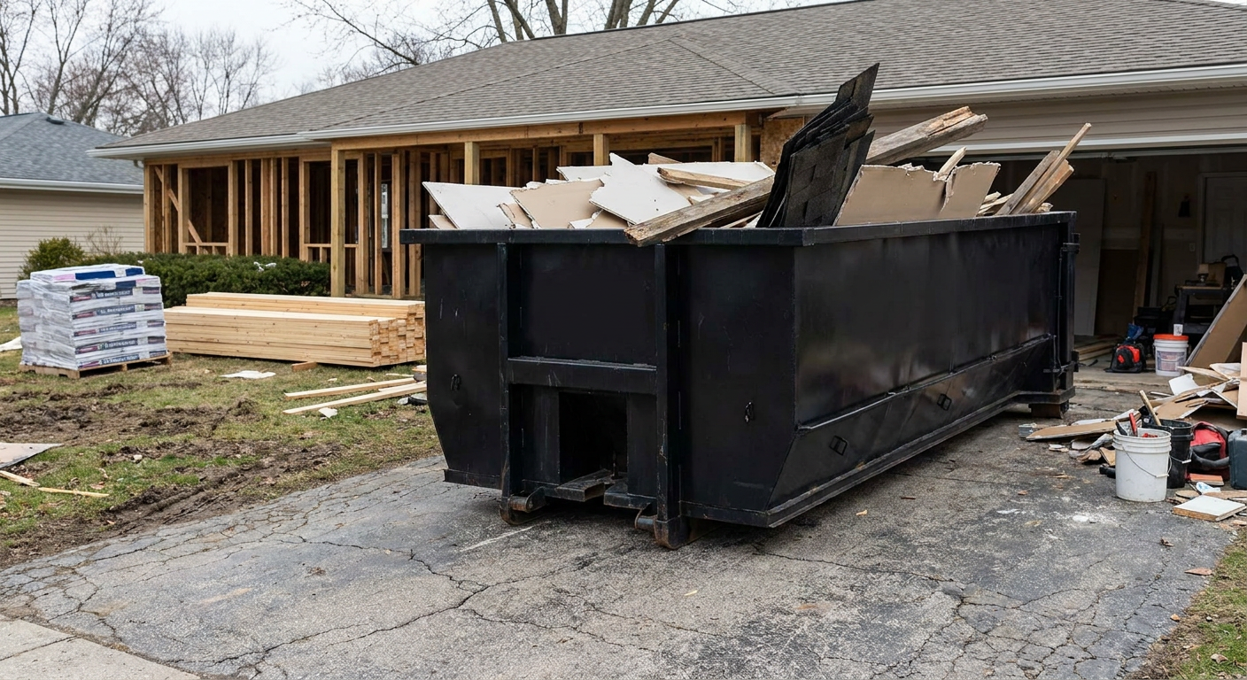A matte-black 20-yard roll-off dumpster placed alongside a mid-renovation Durham home directly on the asphalt driveway, with framing materials and torn-off shingles staged neatly nearby.