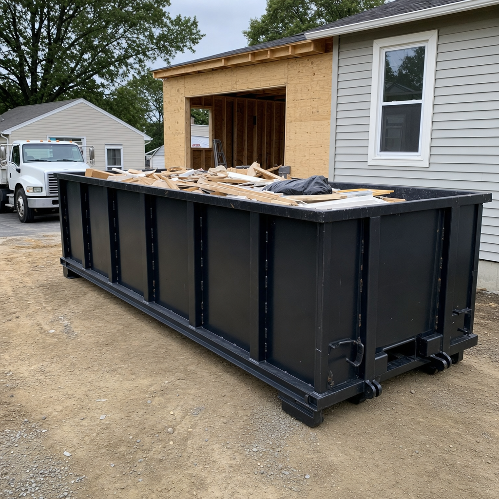 A matte-black 30-yard roll-off dumpster positioned at a Durham residential addition jobsite, with framing lumber and drywall scraps loaded through the open swinging rear doors.