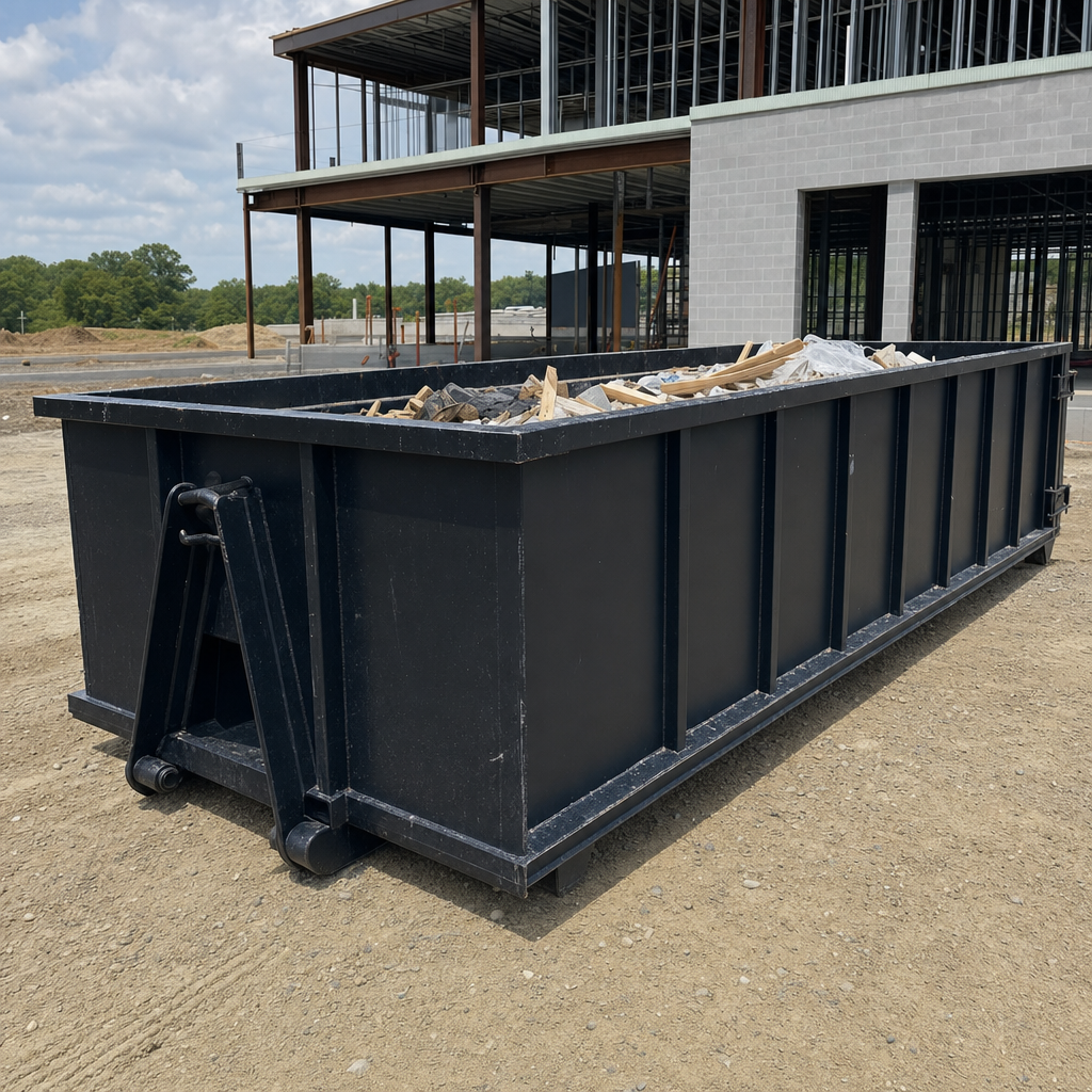 A matte-black 40-yard roll-off dumpster staged on a large Durham commercial construction lot, with a hooklift delivery truck parked alongside under bright midday sky.