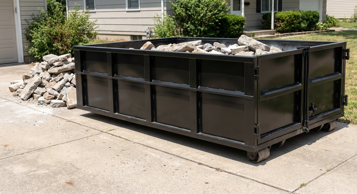 A matte-black low-side heavy-debris roll-off dumpster placed directly on a Durham concrete driveway, with broken concrete chunks neatly stacked beside it under clean daylight.